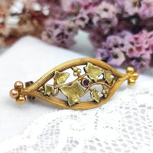 Puede incluir: Un broche vintage dorado con un intrincado diseño de hojas y bayas. El broche presenta hojas de hiedra detalladas y pequeñas bayas, con una pequeña gema roja redonda en el centro. El broche se encuentra sobre un fondo suave y borroso.