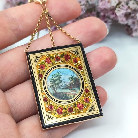 Antique French 18k Gold Pendant: Romantic Landscape Miniature Under Glass