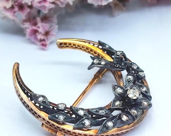 Antique French 18k Gold Silver Diamond Crescent Brooch, Moonlight Talisman Love & Protection, 19th Century