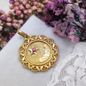 18k Gold Vintage French Etoile d'Amour Pendant. Star of Love. Love Talisman, Ruby Star, Sentimental Jewelry, Meaningful Gift for Loved One