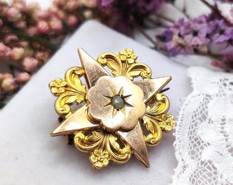 Antique Gold Filled Brooch: French Art Nouveau Pearl Floral Pin