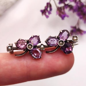 Antique Silver Clover Brooch, Amethyst & Pearls. Germany, Art Nouveau, Jugendstil. Lucky Charm, Vintage Wedding, Meaningful Gift for Her
