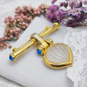 Vintage French Lalique Brooch-Pendant, 1980–1990s, Signed. Frosted Glass Heart, Blue Cabochons, Gold Tone. Convertible Design, Romantic Gift