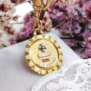 18k Gold Antique French Pendant. Rubies, Diamond, Love Confession, Augis Love Medal "Love You More than Yesterday, Less than Tomorrow"