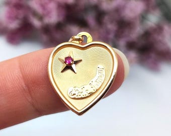 Rare French Étoile d’Amour Heart Medal: 18k Gold & Ruby Star. Antique Love Pendant