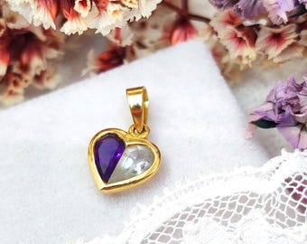 Vintage French 18K Gold Heart Pendant: Amethyst & Zircon 'Toi et Moi' Design