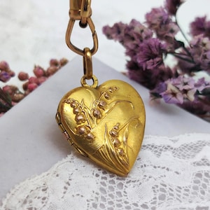 Antique Gold Filled French Heart Locket. Lily of the Valley Motif. Belle Époque, Oria. Poetic Love Token, Sentimental Keepsake, Photo Holder