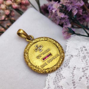 18k Gold Antique French Pendant. Rubies, Diamonds. Love Confession, Rare Augis Love Medal "Love You More than Yesterday, Less than Tomorrow"