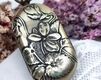 Antique French Silver-Plated Pansy Locket Pendant: Belle Époque Coin Holder, Secret Talisman