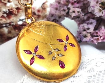 18k Gold Antique French Locket: Art Nouveau, Rubies & Pearls, Sentimental Belle Époque, 1890s. LARGE, Rare