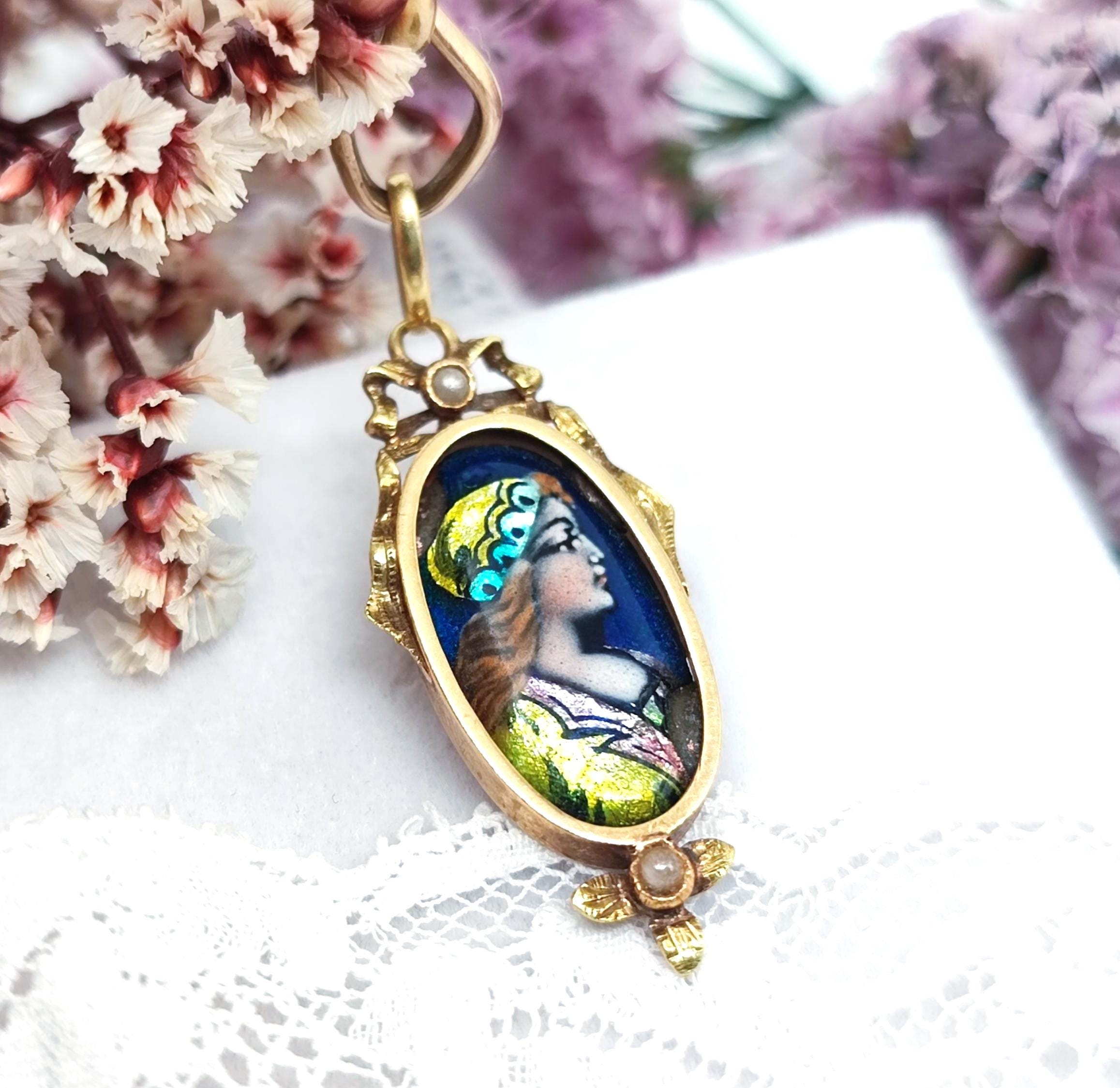 Collier Pendentif Limoges Vintage Collector - Bijou Ancien En Porcelaine Ou émail - Occasion