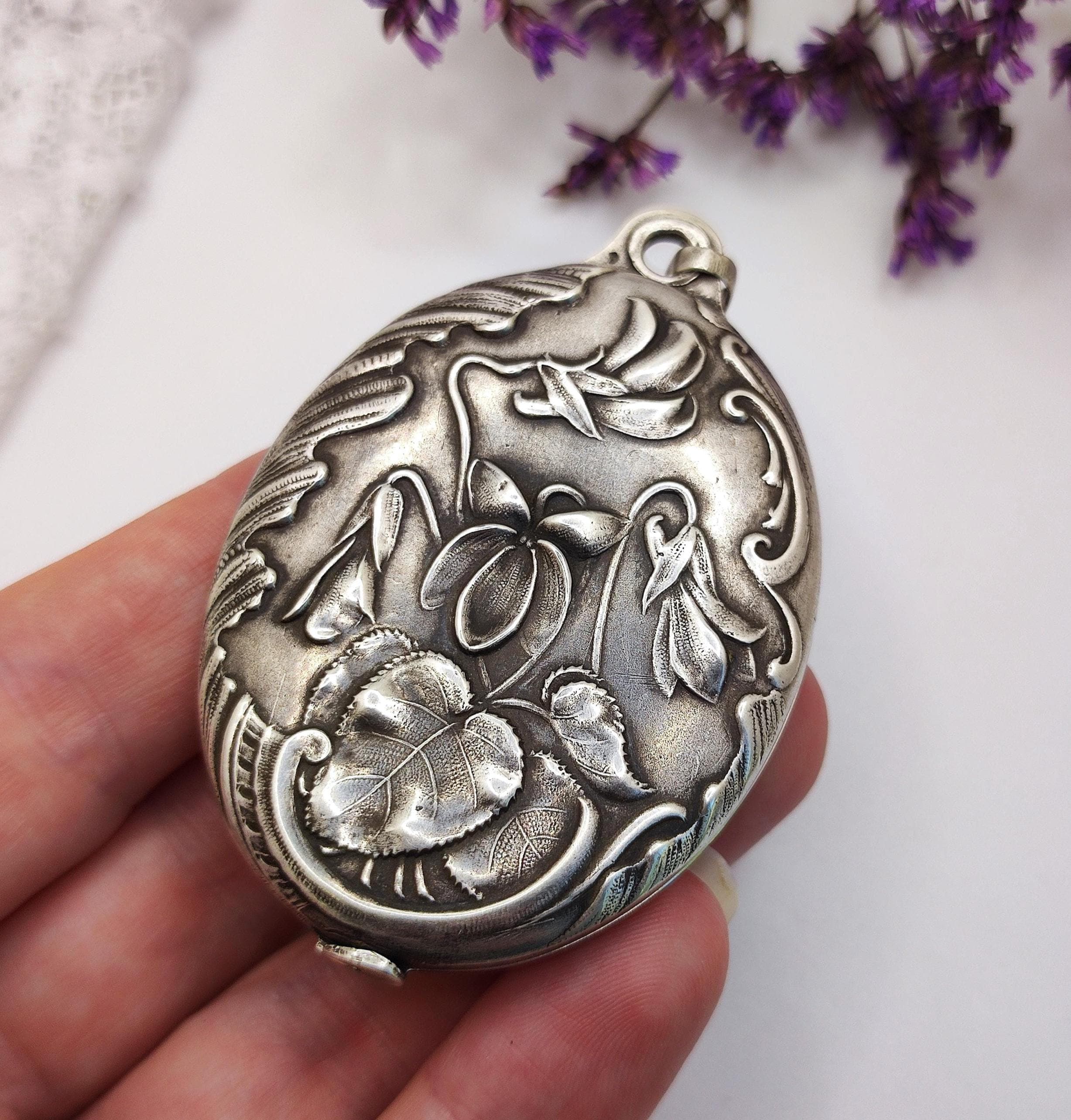 Art Nouveau Silver Pansy Locket: French Belle Époque Mirror