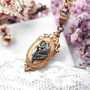 Antique French Gilded Locket Photo-Holder. Violet Flower, Hidden Compartment. European Sentimental Jewelry, Symbol of Devotion & Remembrance