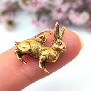May include: A gold-toned metal rabbit charm featuring a textured finish and a small, round, deep pink gemstone set as the eye. The rabbit is depicted in a leaping pose with upright ears and includes a small circular jump ring attached to its back.