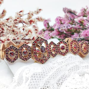 Antique Gold-Plated Bohemian Garnet Bracelet. 19th Century, Victorian Era,Rare. Symbol Love&Protection, Sentimental Jewelry, Meaningful Gift