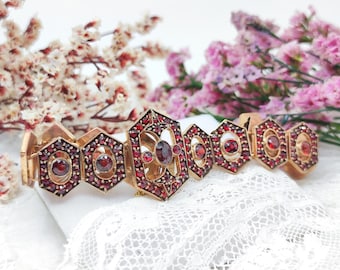 Antique Gold-Plated Bohemian Garnet Bracelet. 19th Century, Victorian Era, Rare. Symbol Love & Protection