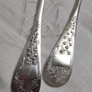Antique Ercuis Lily of the valley spoon and fork/French, metal argenté, blank cartouches, muguets / lovely set, rare pattern