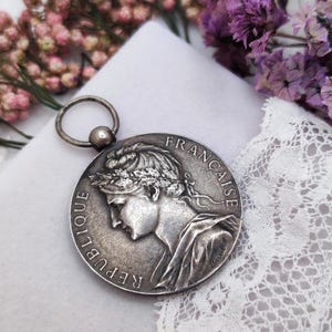 Antique French Silver Medal Pendant. Marianne, République Française, 1905. Victorian Era, Historic, Meaningful Gift for Him or Her