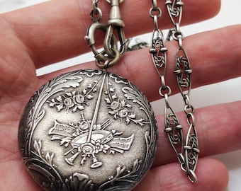 Antique French Silver Compact Pendant: Art Nouveau Floral & Musical Locket for Secrets, Victorian Era