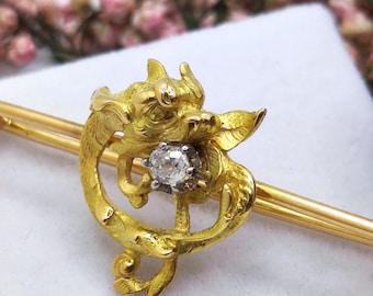 18K Gold Chimera/Dragon Diamond Brooch: Antique French Art Nouveau Pin, 5.3g, Protective Talisman