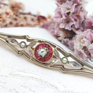 Antique French 18k Gold Ruby, Diamond Brooch: Belle Époque Symbol of Love & Fidelity, 1900s