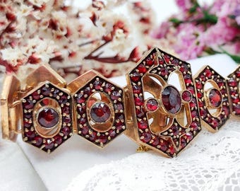 Antique Gold-Plated Bohemian Garnet Bracelet. 19th Century, Victorian Era, Rare. Symbol Love & Protection