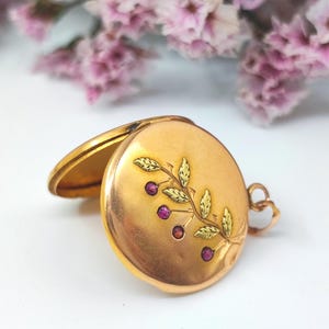 Peut inclure: Un médaillon rond doré avec un couvercle ouvert. Le médaillon présente un motif de branche avec des feuilles dorées et des baies en pierres précieuses rouges. Le fond comprend des fleurs roses douces.