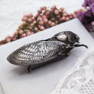 Antique Silver Cicada Brooch: French Victorian Art Nouveau Insect Pin