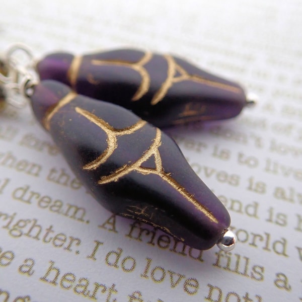 Dark Purple and Gold Goddess Sterling Silver Earrings