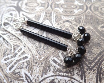 Long Elegant Black Crystal Dangle Earrings on Sterling Silver Wires