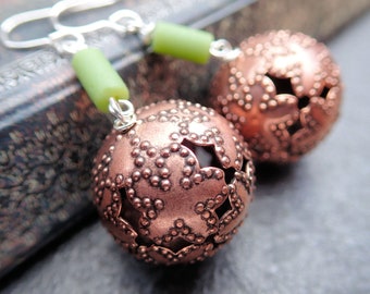 Super Large Jumbo Copper Bead, Green Recycled Glass, and Sterling Silver Earrings