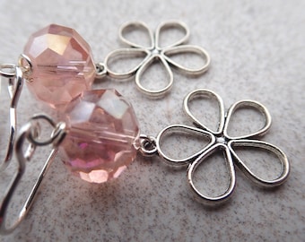 Five Petal Flower Charm, Pale Peach Czech Crystal, and Sterling Silver Earrings