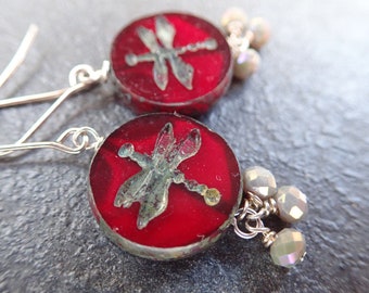 Dark Red Czech Glass Dragonfly, Gray Crystals, and Sterling Silver Earrings