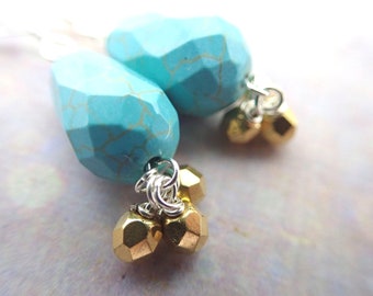 Turquoise Howlite, Gold Crystal and Sterling Silver Earrings