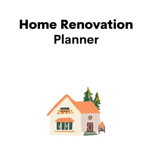 Puede incluir: Un planificador blanco con el texto "Home Renovation Planner" en negro. La imagen incluye una ilustración de dibujos animados de una casa con techo naranja, ventanas verdes y dos árboles verdes.
