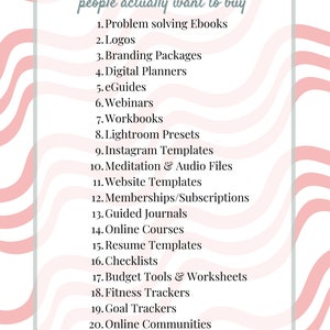May include: A list of 21 digital product ideas, including ebooks, logos, branding packages, digital planners, and more. The text is in black font on a white background, framed by a light gray border with a pink and white wavy pattern.