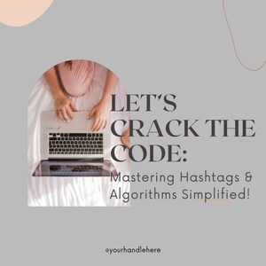 Puede incluir: Un portátil con teclado negro está abierto sobre una superficie blanca. El texto "LET'S CRACK THE CODE: Mastering Hashtags & Algorithms Simplified!" se muestra en una fuente estilizada. La imagen tiene un fondo gris con formas abstractas.