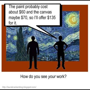 May include: A humorous illustration of two people discussing the value of a painting. The painting is a copy of Vincent van Gogh's "Starry Night" and the text in the speech bubble says "The paint probably cost about &pound;60 and the canvas maybe &pound;70, so I'll offer &pound;135 for it." The caption below the image says "How do you see your work?"