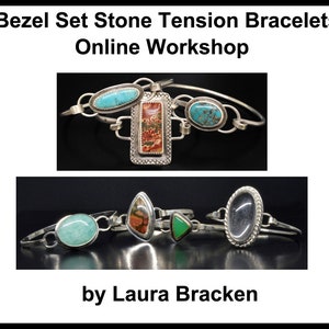 Può includere: Un set di quattro braccialetti a tensione in argento con pietre di vari colori, tra cui turchese, verde e rosso. I braccialetti sono esposti su una superficie nera. Il testo dell'immagine recita "Bezel Set Stone Tension Bracelets Online Workshop by Laura Bracken".