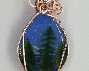 Mountain Serenity Teardrop-Shaped Hand-Painted, Wire-Wrapped Moni Originals Pendant