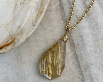 Genuine Rutile Quartz Gold Plated Pendant Checker Gemstone Handmade Jewelry Charms Designer Necklace