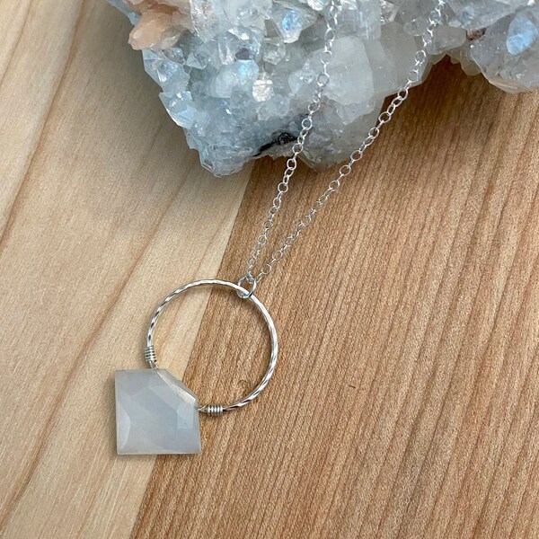NECKLACE - White Moonstone and Sterling Silver Circle Pendant Necklace /  Hoop Necklace / June Birthday Birthstone