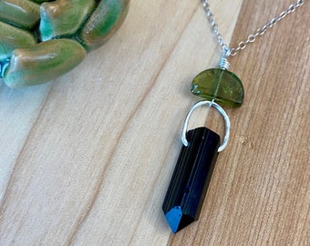 NECKLACE - Sterling Silver and Black Tourmaline Crystal Point Pendant Necklace / Raw Gemstone Point /  Watermelon Tourmaline Slice Necklace