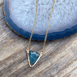 NECKLACE - Blue Aquamarine and Gold-Filled Triangular Pendant Necklace / Organic and Hand-Formed Gold Triangle Necklace / March Birthstone