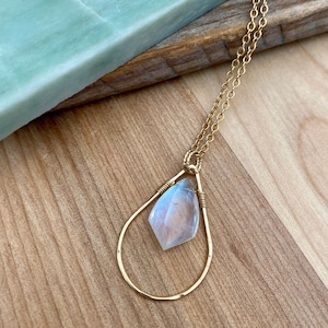 NECKLACE - Gorgeous Rainbow Moonstone Gold Filled Teardrop Pendant Necklace / Teardrop Hoop Necklace / June Birthday Birthstone