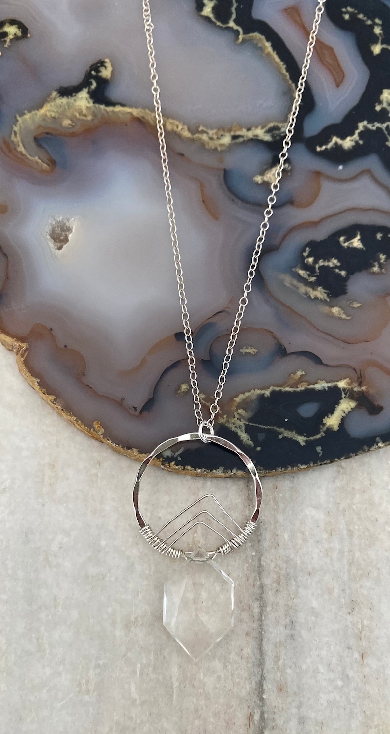 NECKLACE Clear Crystal Quartz Hexagon and Sterling Silver Circle Pendant Necklace Hoop Necklace