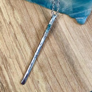 NECKLACE - Grandidierite and Sterling Silver Vertical Bar Pendant Necklace /  Blue-Green Crystal Gemstone Stick Necklace / Silver Hammered