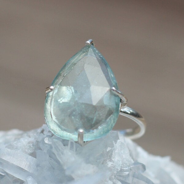 RING - Size 6 or 7 Stunningly GORGEOUS Rose Cut Pear / Teardrop Aquamarine Gemstone  and Sterling Silver Solitaire Prong Ring
