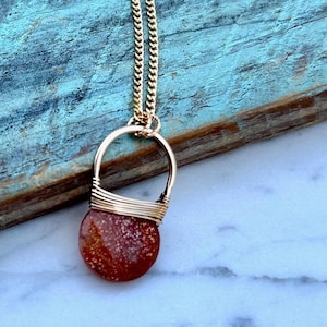 NECKLACE - Sparkly Orange Sunstone and Gold-Filled Pendant Necklace / Hammered Hoop Wire-Wrapped Gemstone Pendant / Summer Necklace