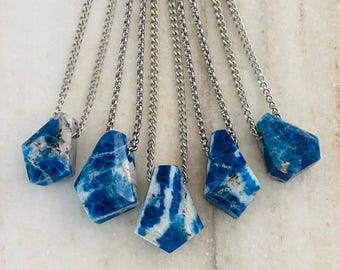 NECKLACE - Blue Apatite and Stainless Steel Chain Necklace / Blue Gemstone Necklace / Apatite Jewelry / Blue Crystal Pendant